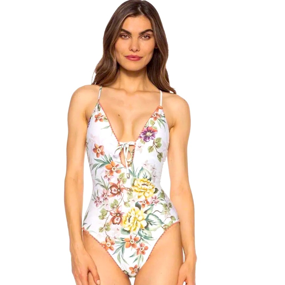 Isabella Rose Cross Back Plunge One Piece Swimsuit, Multi, Women's Med